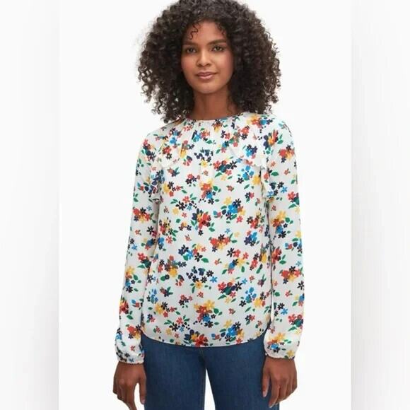 Kate Spade New York Ivory Sailing Floral Ruffle Blouse Keyhole Neck Size XS NEW - Picture 1 of 10